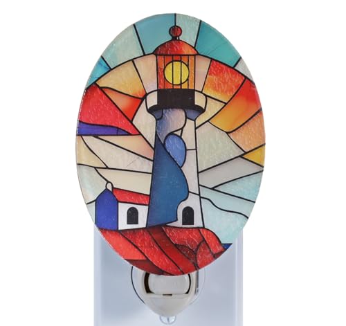 Image of Lighthouse Stained Glass Styled Night Light Plug in - Made with Real Glass, Bulb Included, On /Off Switch - Nautical Beach Theme Bathroom, or Beach House Accent Light Dusk Orange Blue