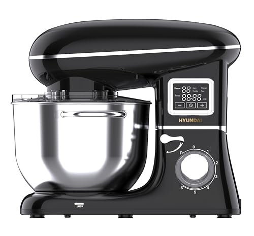 HYUNDAI Robot Pâtissier 1400W, Bol Inox 5,5 L, 6 Vitesses + Pulse, Mouvement Planétaire, Noir, Câble Électrique