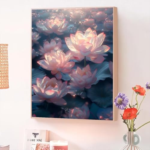 Pintar por Numeros Adultos Lotus, Cuadros para Pintar por Numeros Niños con Pinceles y Pigmento Acrílico, Kit Manualidades Acuarelas Niños, Decoración de Paredes del Hogar, Regalos Rosa 35x50cm O-227