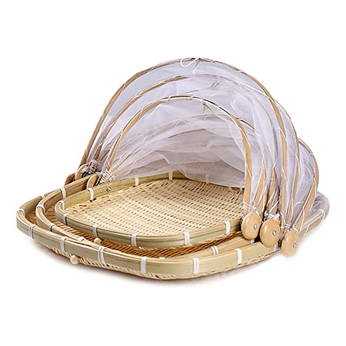 3Pcs Bamboo Food Serving Tent Basket with Cover, Square Hand-Woven Covered Bread & Vegetable Fruit Basket Dustproof Food Storage Container with Mesh for Indoor Outdoor Home Kitchen Picnic (S+M+L)