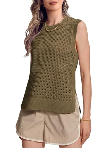 Image of SuperPrity Women's Sweater Vest Sleeveless Crochet Sheer Knit Sweater Tank Casual See Through Crewneck Sweater