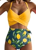 Dokotoo Tummy Control Swimsuits for Women Two Piece High Waisted Bikini 2025 Set Summer Holiday Adjustable Straps Front Cross Tie Up Bathing Suit Swimming Suits,Yellow Small