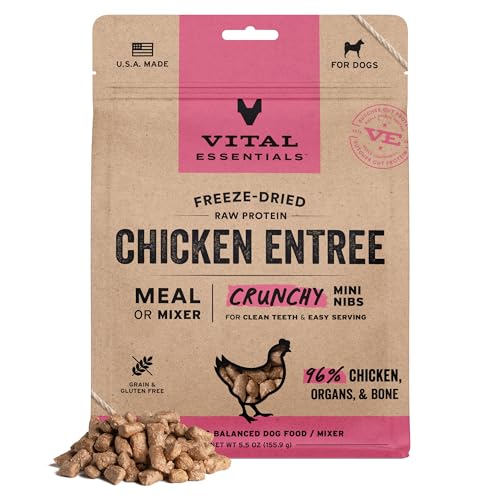 Image of Vital Essentials Freeze Dried Dog Food, Chicken Mini Nibs, 5.5 oz Bag | Crunchy, Complete Meal or Topper, Made With 96% Chicken, Organs & Bone, High Protein Raw Nutrition, Grain-Free Recipe