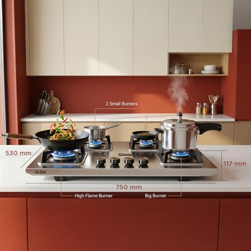 Image of Glen 4 Burner Stainless Steel LPG Gas Stove | 10 Years warranty on Burners and Gas Valve | 1 Jumbo Forged Brass Burner | Ultra Tough Body | Manual Ignition | 360 Revolving Brass Nozzle | 1054UTTNDTSS