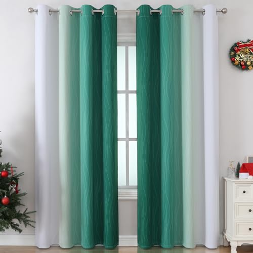 Estelar Textiler Green and Greyish White Gradient Blackout Curtains 102 Inches Long for Bedroom, Thermal Insulated Full Room Darkening Ombre Gray Grommet Drapes for Living Room, 52Wx102L, 2 Panels
