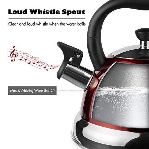 3.17Qt Stainless Steel Whistling Tea Kettle, Compatible With All Burners Including Induction, Foldable Handle, 18/10 Stainless Steel Kettle Tea Kettle Red 3L #TOP1
