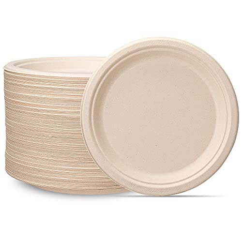 Platos de papel resistentes de 100% compostables 23 cm [paquete de 125] Platos desechables ecológicos de caña de azúcar - Marrón sin blanquear