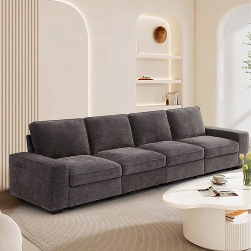 Image of TEKAMON 128 inch Modular Sofa Couch with Seat Storage, Modern Comfy Long 4-Seater Chenille Couch for Living Room, Office, Apart W /Deep Seat, Wide Armrest, USB Port, Side Pockets, Washable Covers (DkGrey)