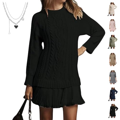 Women Crewneck Cable Knit Sweater Mini Dress 2 Piece Set 2025 A-line Twofer Long Sleeve Pleated Casual Fall Winter