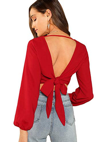 SweatyRocks Women's Sexy V Neck Tie Back Casual Long Sleeve Crop Top Blouse