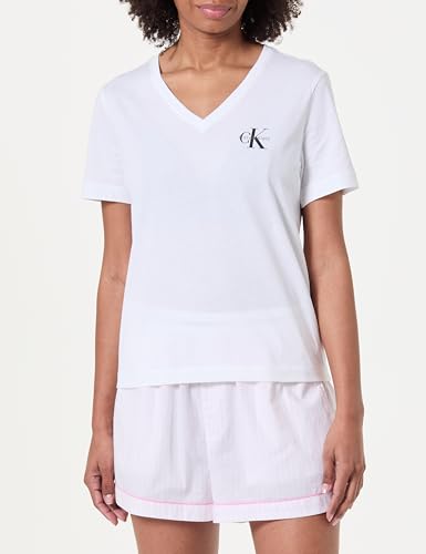 Calvin Klein Damen 2er Pack T-Shirts Kurzarm Logo Tee mit V-Ausschnitt, Mehrfarbig (Vanilla Custard W/White), S – Ansicht 2