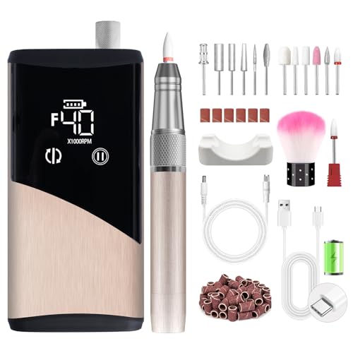 ENGERWALL Torno para Uñas Profesional con Motor Brushless, 40000 RPM, Kit 13-en-1, Inalámbrica, Cuerpo de Aleación de Aluminio, Táctil, Pantalla HD - Perfecta para Salón y Hogar (Oro Rosa Cepillado)