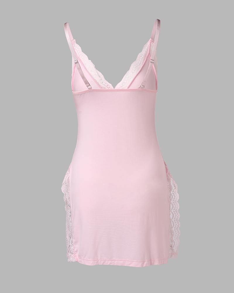CHICME Women's Lace Trim Side Slit Modal Cami Sleep Dress Loungewear Cute Night Gowns for Women: Pink Small