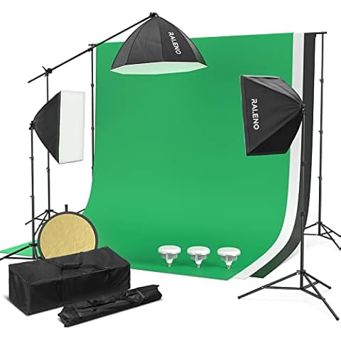 RALENO Photography Lighting Kit, 8.5ft x 10ft Background Support System with 30-Inch Octagonal Key Light and 2 X 85W LED Soft Boxes, Complete Photography Studio for Green Screen Cutout Cover