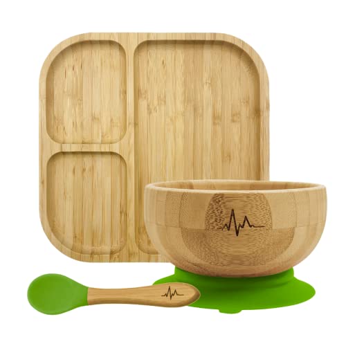 NEU⎪Bambus Geschirr Set für Babys und Kleinkinder⎪4-Teilig⎪Bambus Teller und Bambus Becher inklusive Löffel⎪Bambus Geschirrset⎪Twin Pack Clever Plate⎪natural styles & more®I (Grün) Cover