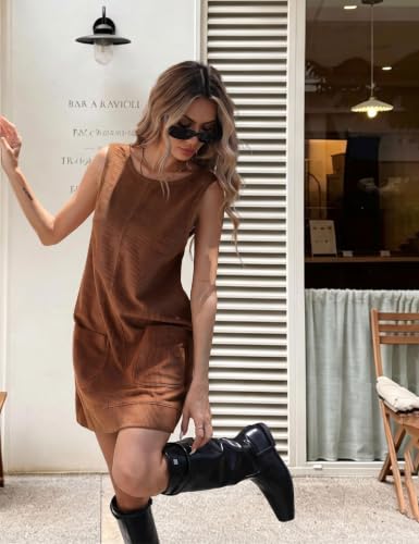 Image of Hooever Women's Corduroy Overall Dress Round Neck A Line Skirtall Jumper Mini Dress Pinafore with Pockets