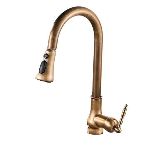 ZYCHSJXA Water Kitchen Tap Copper Retro Pull-Out Faucet Vegetable Basin Retractable Sink Hot and Cold Antique with Stop Mouth