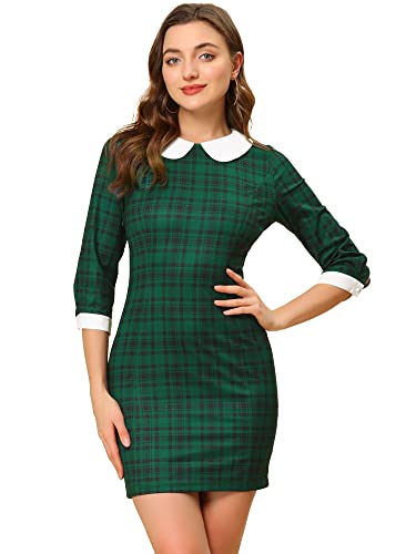 Allegra K Vestidos Ajustados A Cuadros A Cuadros con Cuello Peter Pan En Contraste para Mujer Verde...