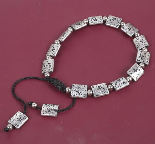 Image of Touchstone Indian Bollywood Handcrafted Nicely Engraved Star Floral Inspired Rectangle Round Style Definition Designer Jewelry Thread Adjustable Bracelet in Oxidized Silver Tone for Women