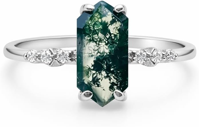 Moss Agate Silver Ring, Handmade, 925 Sterling Silver, Hexagon Gemstone, Cubic Zirconia, Rose Gold, Hip Hop, Statement, Delicate, Gift For Wife