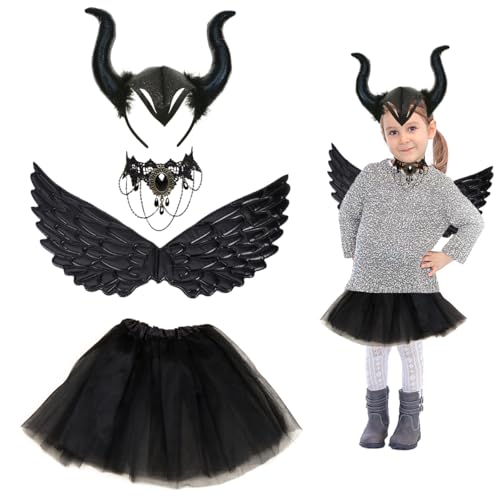 THMSLYN Juego de Disfraz de Cuernos de Diablo para Niña, Disfraz de Diablo para Niña, Cuernos Demonio, Alas Demonio, Collar Gótico, Falda Negra Halloween, Disfraz Demonio Niña para Halloween Cosplay