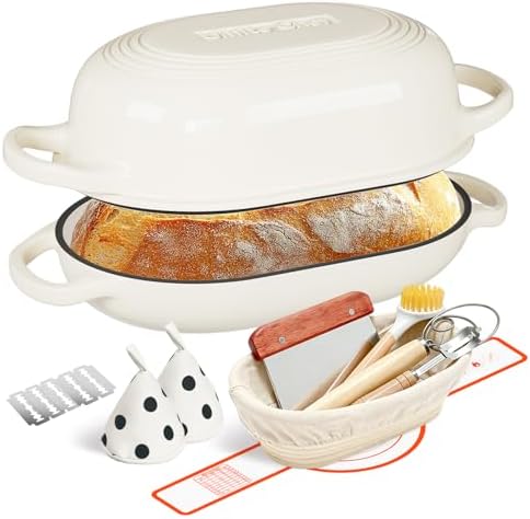 Enameled Cast Iron Dutch Oven for Bread Baking - incl. Sourdough Bread-Baking Supplies like Banneton Bread-Proofing Basket - 5QT Loaf Cast Iron Bread Oven Pan& Meatloaf Pan with Lid, Sour Sough Tools, Lame (Cream White） - Thumbnail 3