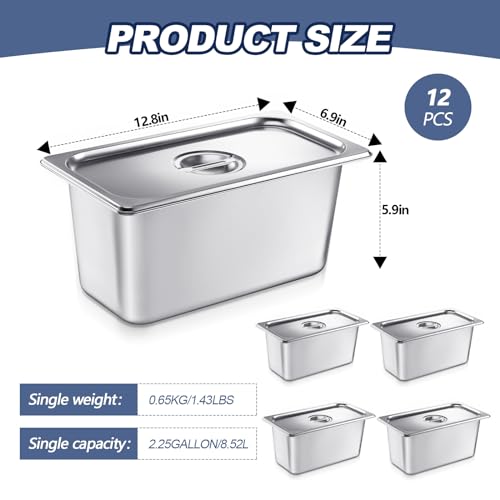 Image of Mifoci 12 Pack Stainless Steam Hotel Pan with Lid, 1 /3 Size x 6 Inch Deep Restaurant Supplies Reusable Anti Rust Steam Water Pan for Home, Party, Restaurant, Hotel, Buffet