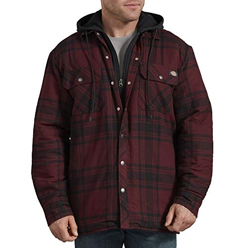 Dickies Men's Relaxed fit Hooded Quilted Shirt Jacket Big, Dark Port/Black Plaid, 3X-Large