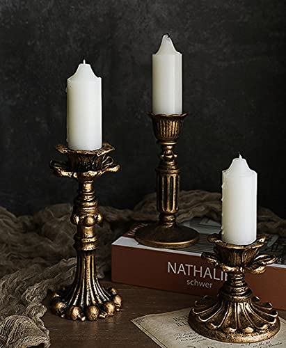ChezMax Pillar Candle Holders, Gold Retro Resin Candle Holder Centerpiece Table Vintage Decoration for Home, Christmas, Halloween, Thanksgiving Day, Holiday Ornaments and Photo Props (Set of 3)