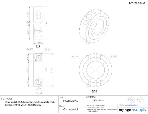 Climax Metal 2C-093-A Aluminum Two-Piece Clamping Collar, 15/16" Bore Size, 1-3/4" OD, With 1/4-28 x 5/8 Set Screw
