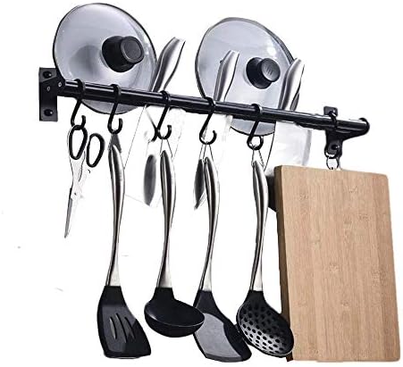 Kitchen Hook Pot Rack Wall Mounted with 6 Slide Hooks, Hanging Utensil Rack for Collecting Lids Knife Pot Spoon Spatula Cup and Towel -15.75inch Black
