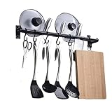 Kitchen Hook Pot Rack Wall Mounted with 6 Slide Hooks, Hanging Utensil Rack for Collecting Lids Knif