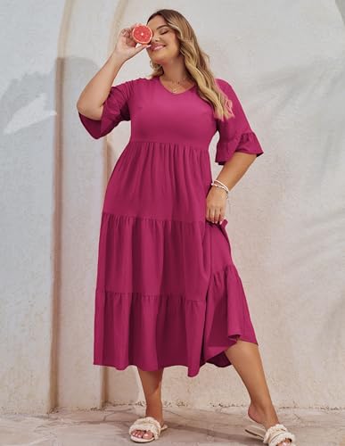 Image of Hanna Nikole Women's Plus Size Smocked Maxi Dress Flowy A-Line Casual Summer Dress with Pockets