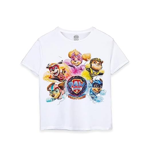 Paw Patrol The Mighty Movie Boys Camiseta Blanca | Únete A La Aventura De Superhéroes Pawsome | Mercancía Auténtica Cachorros Poderosos