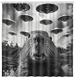DeeCabin Funny Shower Curtain, Whimsical Capybara Selfie with Weird UFOs, Retro Black White Funny Humorous Shower Curtain Set, Bathroom Decor Set with Hooks, 70X70IN