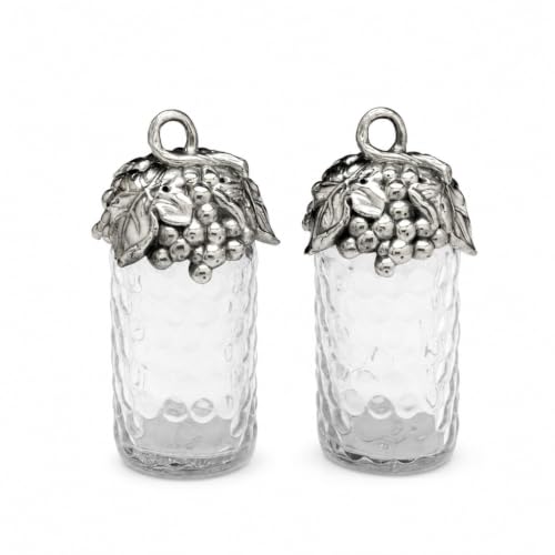 Arthur Court Grape Salt and Pepper Shaker Set - Elegant Aluminum Design with Glass Dispensers - 5.75 Inch Tall