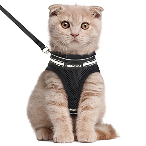 rabbitgoo Cat Harness and Leash Set for Walking Escape Proof, Adjustable Soft Kittens Vest with Reflective Strip for Cats, Comfortable Outdoor Vest , Black, L(Chest:12.2"-14.2")
