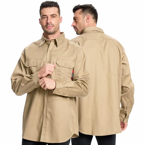SRsafety Hi Vis FR Shirts for Men,7.0oz Long Sleeve FR Work Shirts,100% Cotton High Visibility Fire Shirt