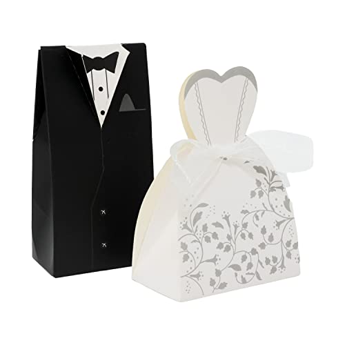 Honbay 60PCS Small Wedding Candy Boxes Paper Bride and Groom Candy Boxes with Ribbon for Wedding Bridal Shower Baby Shower Birthday Party Decoration (2 Style)