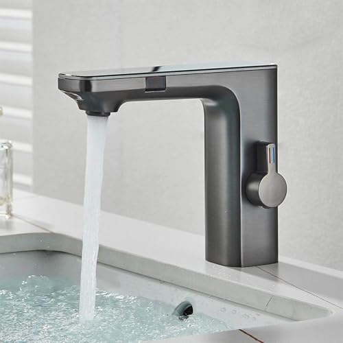 Robinet Automatique Infrarouge Mitigeur Eau Froide et Chaude, Laiton Gris Acier, pour Lavabo de Salle de Bain