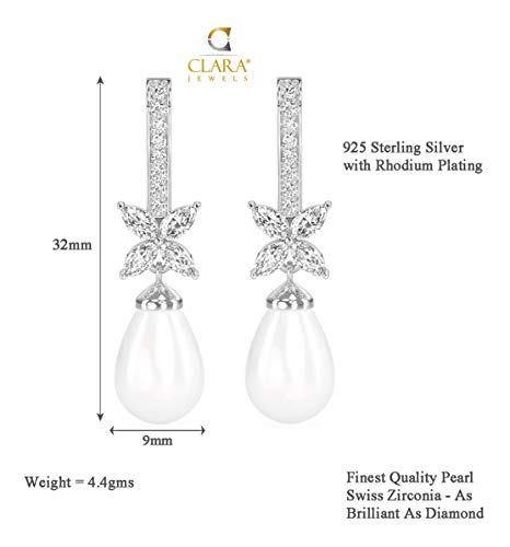 Image of CLARA 925 Sterling Silver Pearl Earrings | Rhodium Plated, Swiss Zirconia, Screw Back | Gift for Women & Girls