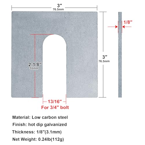 Image of 8 Pack 3 inch x 3 inch Steel Metal Horseshoe Shim Washers for 3 /4 inch Bolts, 1 /8 inch Thick
