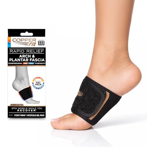 Copper Fit Rapid Relief Plantar Fascia Arch Foot Wrap with Hot or Cold Gel Pack, Black, Adjustable