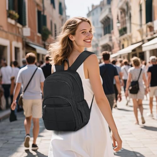 Quilted Laptop Backpack for Women, Casual Work Daypack for 15.6 Inch Laptop, Travel Bag with Luggage Strap, Black2