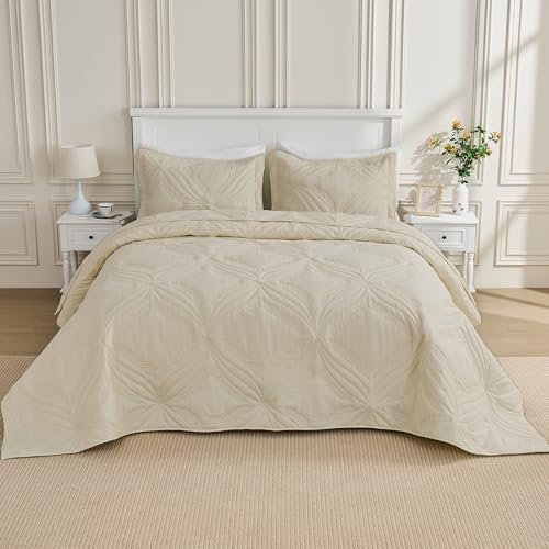 Image of Kingnex Oversized King Bedspreads 128x120 for Tall King or Cal King Bed Ultrasonic Quilted Coverlet Set 3 Piece Include 1 Extra Wide Quilt 2 Pillowcases Beige