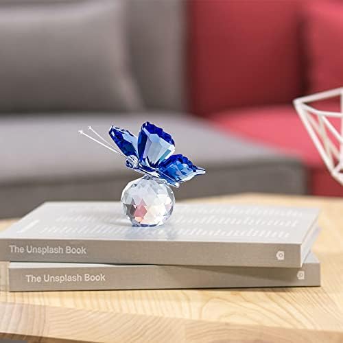 Crystal Butterfly,Crystal Glass Blue Butterfly with Ball Base,Ornament Art Glass Decorative for Home Decor Statue Animal Blue Glass Butterfly Decor Birthday Collectibles