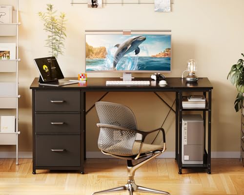 Image of AODK 51 Inch Computer Desk with Drawers & USB Power Outlets, Reversible Home Office Desk with Storage Shelves, Work from Home, Modern Work /Writing /Study Table for Bedroom, Black