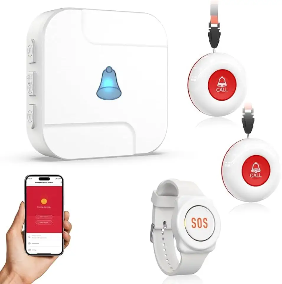 SanJie Sistema de Pager Wi-Fi para Cuidadores com Botão de Emergência para Idosos - 1 Relógio de Alerta Sos + 2 Botões de Chamada Sem Fio + 1 Receptor para Idosos, Pacientes, Crianças com Deficiência