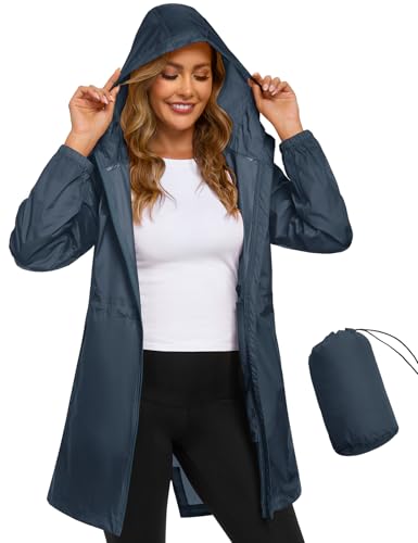 CMTOP Chubasquero Mujer Plegable Chaqueta Impermeable Ligera Abrigo de Lluvia Cortavientos Portátil Windbreaker Casual con Capucha y Bolsillo Rain Jacket Deportiva Primavera Verano(Azul, M)