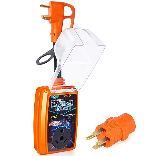 Maypott 30 Amp RV Surge Protector with 50A to 30A Conversion Adapter - Full Circuit Analysis Waterproof Cover and Enhanced Safety for Power Protection in RVs Campers and Trailers
